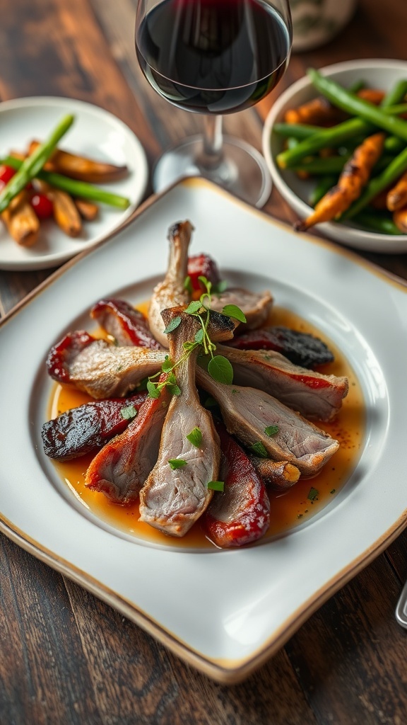 Plated short duck nails with crispy skin, garnished with herbs, served with roasted vegetables on a wooden table.